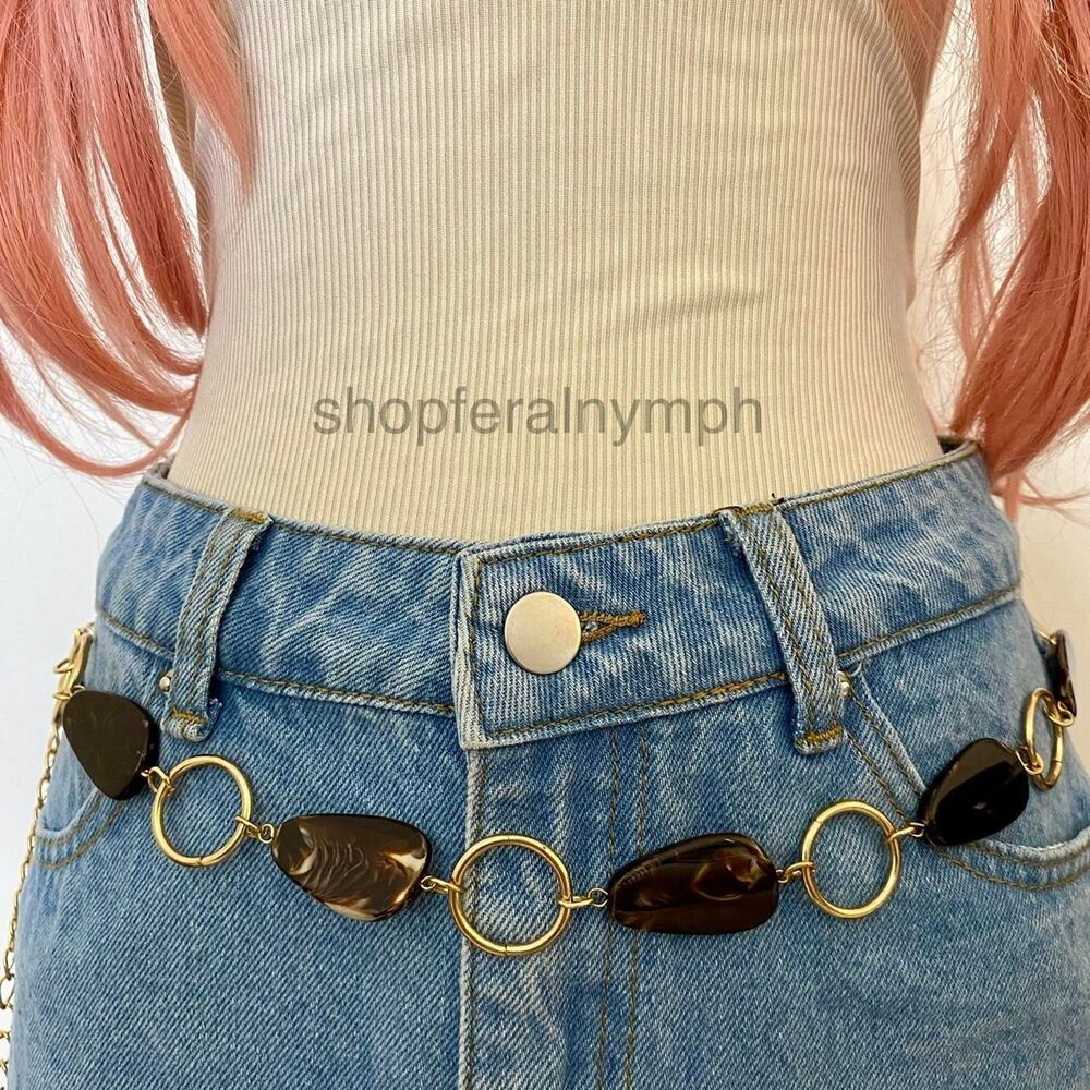 Gold Y2K Boho Dark Brown Stone Ring Chain Belt, Fits 22-44 Inches, X7GA1524